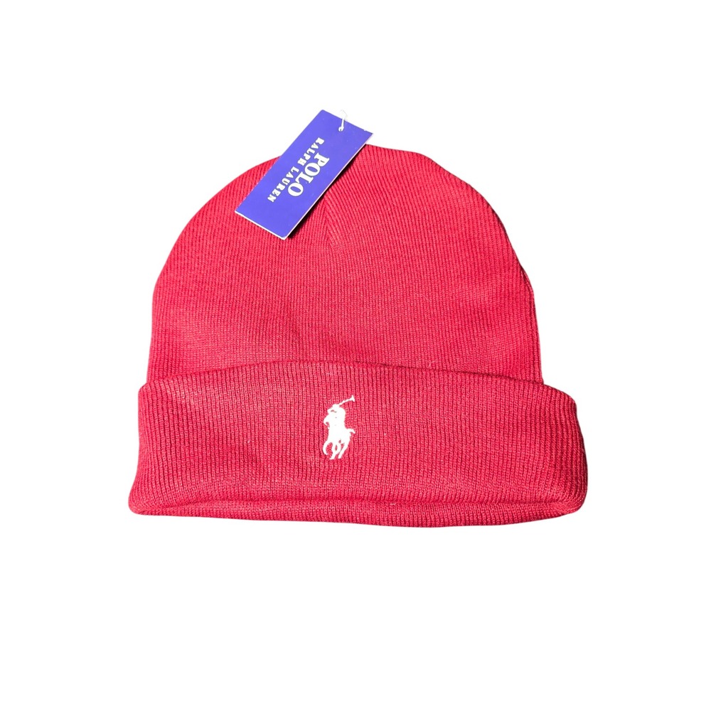 Polo Ralph Lauren Red Knit Beanie Embroidered White Pony Logo One Size NWT
